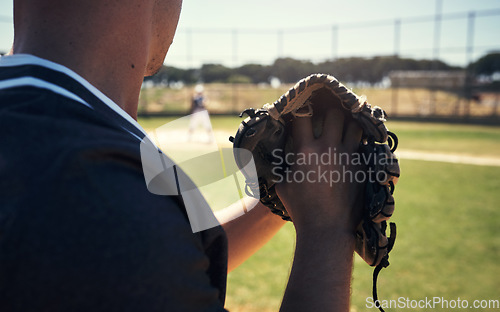 Image of Pitch, glove and hands of man on baseball field for competition, training and games. Action, exercise and championship with male athlete throwing in stadium park for fitness, closeup and sports club