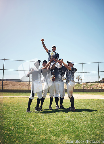 Image of Baseball team, sports and men winning trophy at competition or game on field. Champion athlete friends group celebrate achievement, win or teamwork and fitness prize for professional sport outdoor