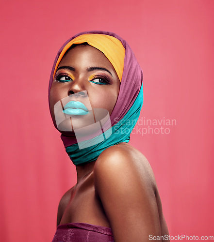 Image of Fashion, beauty and scarf with black woman in studio for creative, art and culture. Makeup, cosmetics and natural with face of model isolated on pink background for african and color mockup