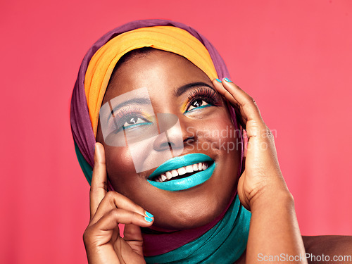 Image of Makeup, beauty and scarf with smile and black woman in studio for creative, art and culture. Fashion, cosmetics and natural with face of model isolated on pink background for african and color