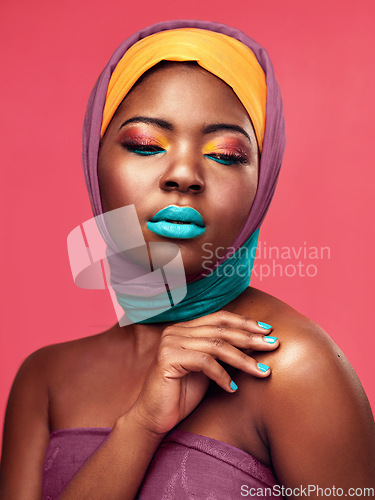 Image of Makeup, culture and scarf with black woman in studio for creative, art and beauty. Fashion, cosmetics and natural with face of model isolated on pink background for african and color mockup