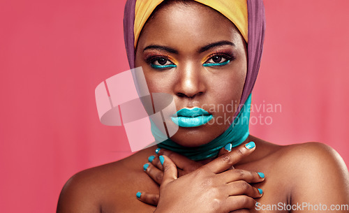Image of Makeup, scarf and portrait of black woman in studio for creative, art and culture. Fashion, cosmetics and pride with face of model isolated on pink background for african, color and beauty mockup