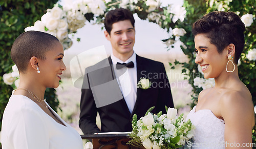 Image of Love, smile and lgbtq with lesbian couple at wedding for celebration, happy and pride. Gay, spring and marriage ceremony with women at event for partner commitment, queer sexuality and freedom