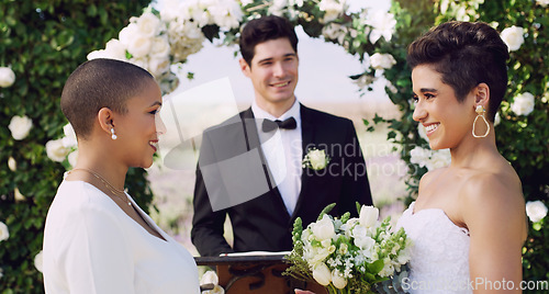 Image of Love, gay and lgbtq with lesbian couple at wedding for celebration, happy and pride. Smile, spring and marriage ceremony with women at event for partner commitment, queer, romance and freedom