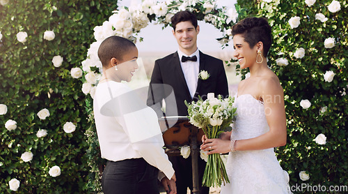 Image of Love, marriage and lgbtq with lesbian couple at wedding for celebration, happy and bride pride. Smile, spring and ceremony with women at event for partner commitment, queer romance and freedom