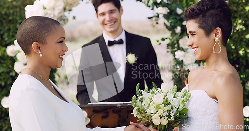 Image of Love, happy and lgbtq with lesbian couple at wedding for celebration, gay and pride. Smile, spring and happiness with women at ceremony event for partner commitment, queer romance and freedom