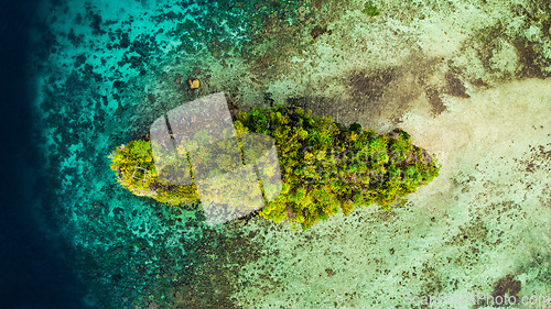 Image of Drone, water or island for travel, adventure or exploring nature from above. Empty, paradise and aerial view of tropical environment, beauty or scenery in Indonesia for traveling, tourism or vacation