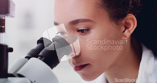 Image of Science, face and microscope with woman in laboratory for expert research, medical and planning. Test, vaccine analysis and medicine with female scientist for chemistry, healthcare and pharmacy