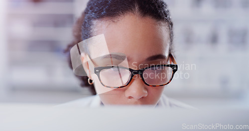 Image of Science, computer and research with woman in laboratory for glasses, medical report and network. Healthcare, pharmacy and expert with female scientist for internet, technology and medicine study