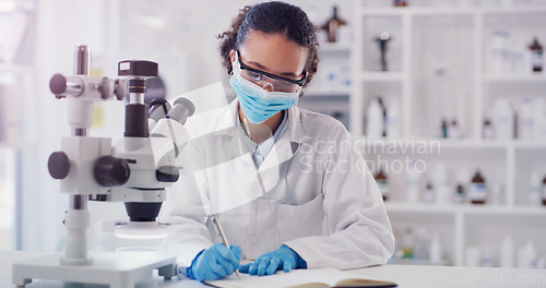 Image of Scientist face mask, woman writing and lab worker with medical research in a clinic. Data work, planning and working of a young female employee with a notebook and microscope results for science