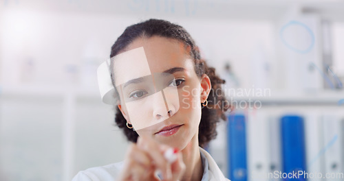 Image of Thinking, scientist data and woman writing on clear board for science formula research. Laboratory worker, female person and focus with planning and futuristic vision for medical test with mockup