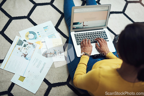 Image of Planning, documents and woman on laptop screen, data analytics or website design for remote work in business research. Charts, graphs and person typing, editing and infographics on computer and floor