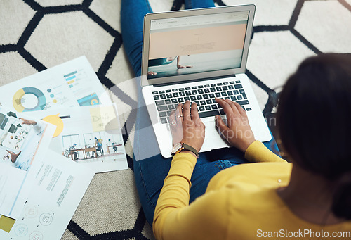 Image of Planning, documents and woman on computer screen, data analytics or website design for remote work in business research. Charts, graphs and person typing, editing and infographics on laptop on floor