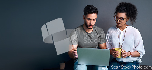 Image of Employees, reading and laptop with mock up background with teamwork for a collaboration. Business people, planning and online discussion for working with creativity in a startup with a banner.