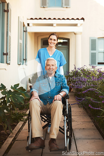 Image of Senior man, wheelchair and portrait of nurse in healthcare support or garden walk at nursing home. Happy elderly male and woman caregiver helping patient or person with a disability in retirement