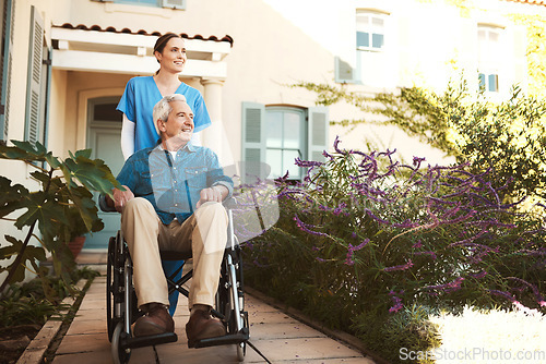 Image of Senior man, nurse and wheelchair for walk, relax or healthcare support in garden at nursing home. Happy elderly male and woman caregiver walking patient with a disability or retirement in nature