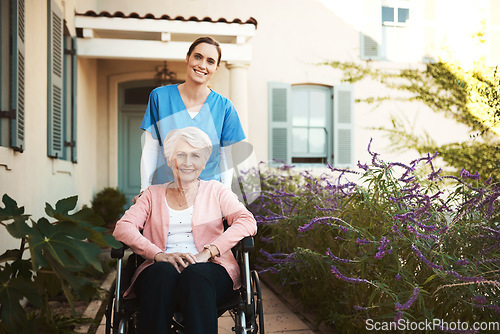Image of Senior woman, wheelchair and portrait of nurse in healthcare support or garden walk at nursing home. Happy elderly female and caregiver helping patient or person with a disability in retirement
