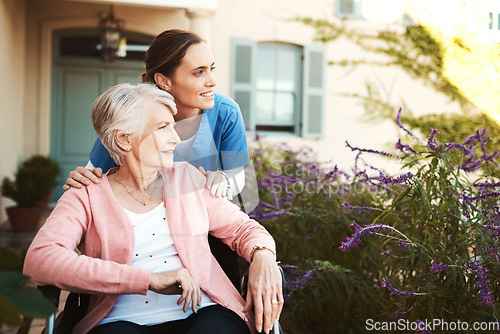 Image of Senior woman, wheelchair and nurse in elderly care, support or garden walk at nursing home. Happy mature female and caregiver helping patient or person with a disability for healthcare outdoors