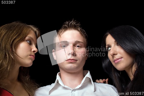 Image of portrait of the young man and two young women. Isolated