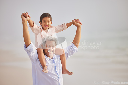 Image of Piggyback, portrait or grandfather with child at sea as a happy family outdoors in nature together. Face, play or lovely grandparent with young boy or kid outside with freedom on fun summer holiday