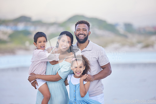 Image of Family, parents or portrait of happy kids on beach to travel with joy, smile or love on holiday vacation. Mom, siblings or father with children for tourism in Mexico with happiness bonding together