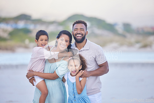 Image of Happy family, parents or portrait of children on beach to travel with a smile, joy or love on holiday vacation. Mom, siblings or father with kids for tourism in Mexico with happiness bonding together