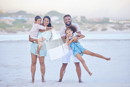 Image of Family, parents or portrait of happy children at sea to travel with joy, smile or love on holiday vacation. Mom, beach or father smiling with kids in Mexico with happiness bonding or playing together