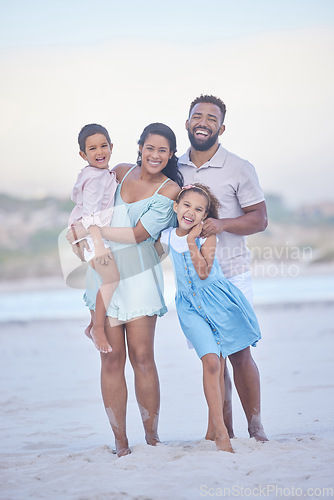 Image of Family, parents or portrait of happy kids at sea to travel with joy, smile or love on holiday vacation. Mom, beach or father smiling with children in Mexico with happiness bonding or walking together