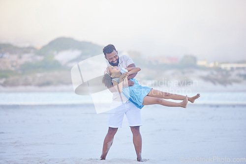 Image of Love, beach or father playing with a child on fun holiday vacation together with happiness in summer. Smile, nature or playful dad swinging girl on family time with a happy young kid at sea in Mexico