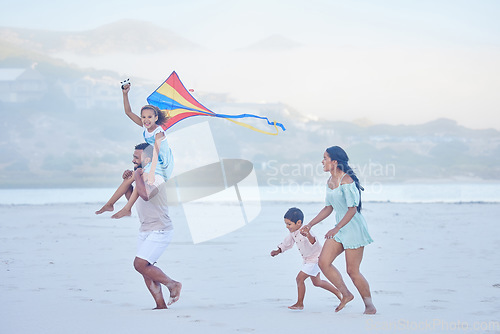 Image of Kite, beach or parents playing with happy kids on fun holiday vacation together with happiness in summer. Smile, children siblings or mom with girl or boy on family time with father at sea in Mexico