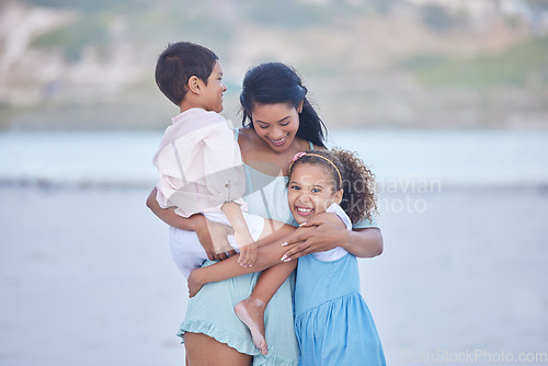 Image of Love, beach or mother hugging happy kids on fun holiday vacation together with happiness in summer. Smile, children siblings or mom with girl or boy on family time with at sea in Mexico or nature