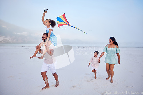 Image of Kite, beach or parents running with happy kids on fun holiday vacation together with happiness. Smile, children siblings or mom playing with girl or boy on family time with father at sea in Mexico