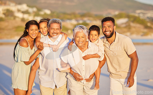 Image of Happy family, grandparents or portrait of kids at sea to relax on holiday vacation together in Mexico. Dad, mom or children siblings love bonding or smiling with grandmother or grandfather at beach