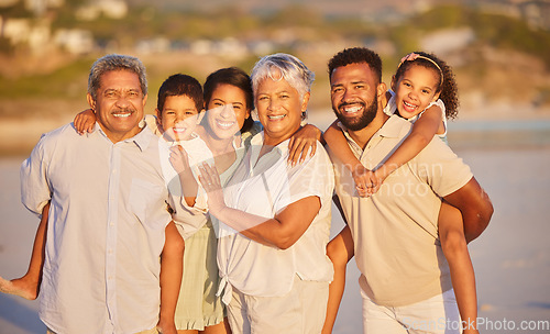 Image of Happy family, grandparents or portrait of children at beach to relax on holiday vacation together in Mexico. Dad, mom or kids siblings love bonding or smiling with grandmother or grandfather at sea