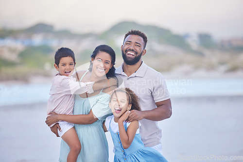 Image of Family, parents or portrait of happy children on beach to travel with joy, smile or love on holiday vacation. Mom, funny or father with kids laughing in Mexico with happiness bonding together at sea