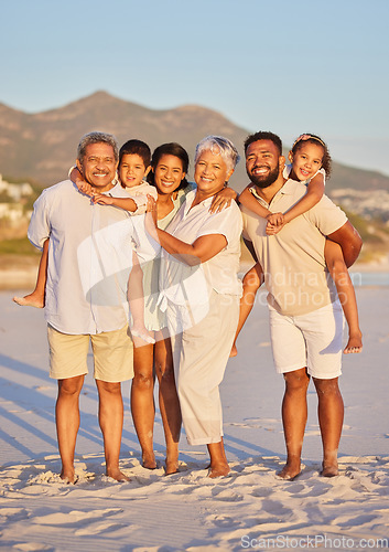 Image of Big family, smile or portrait of happy kids at sea with grandparents on holiday vacation together. Dad, mom or children siblings love bonding or smiling with grandmother or grandfather on beach sand