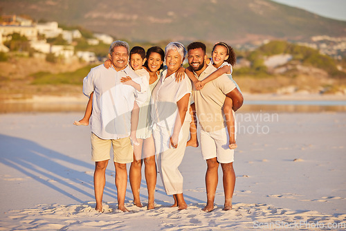 Image of Happy family, grandparents or portrait of kids at beach to relax on holiday vacation together in Mexico. Dad, mom or children siblings love bonding or smiling with grandmother or grandfather at sea
