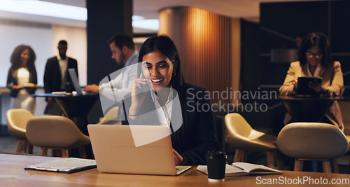 Image of Phone call, coworking space and happy woman on laptop, business communication and smile for loan success. Advice, networking person and financial advisor consulting, planning or chat on cellphone