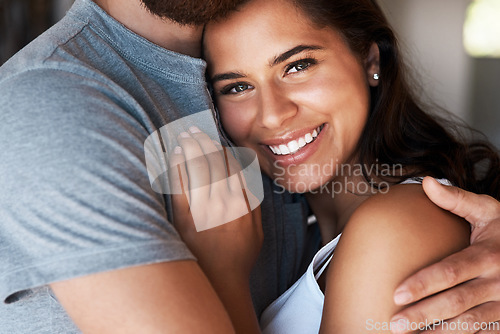 Image of Love, woman face and portrait of happy couple hug for relationship security, empathy and safety support. Marriage happiness, affection and romantic man, wife or people bond, smile and embrace at home