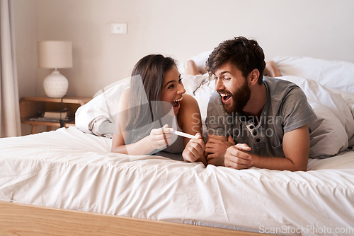 Image of Pregnancy test, home bedroom or happy couple excited for pregnant announcement, notification or surprise. Baby result, love bond and morning man, woman or relax people shocked with family news in bed