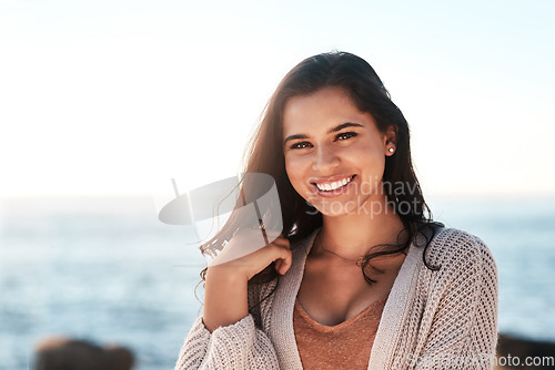 Image of Beach portrait, happy and woman relax for outdoor wellness, nature freedom and smile for vacation peace. Ocean sea water, summer happiness and face of female person on travel holiday in Argentina