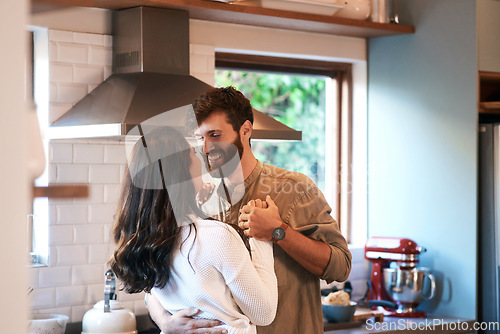 Image of Home kitchen, happiness and couple dance, bonding and enjoy quality time together, fun and dancing to house music. Dancer, smile and happy man, woman or people with love connection, care and support