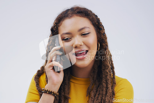 Image of Phone call, talking and face of woman in studio for conversation, talking and chatting. Communication mockup, white background and female person on smartphone for network, contact and connection