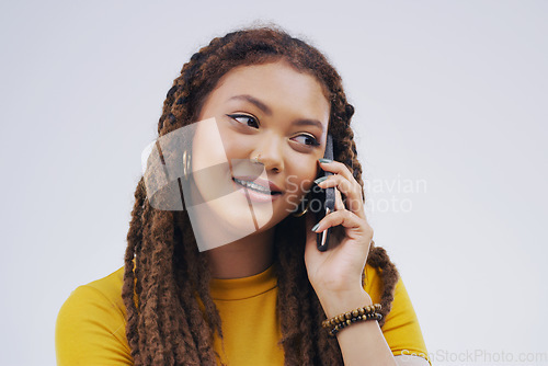 Image of Phone call, communication and woman in studio with smile for conversation, talking and chatting. Networking mockup, white background and male person on smartphone for speaking, contact and connection