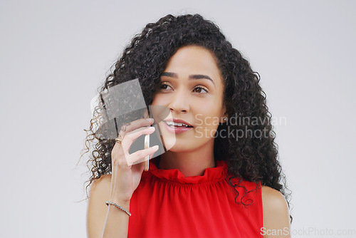 Image of Phone call, happy and African woman in studio smile for conversation, talking and chatting. Communication mockup, white background and female person on smartphone for network, contact and connection