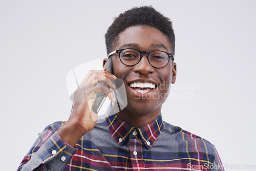 Image of Phone call, happy and portrait of black man in studio for conversation, talking and funny chat. Communication mockup, white background and male person on smartphone for network, contact or connection