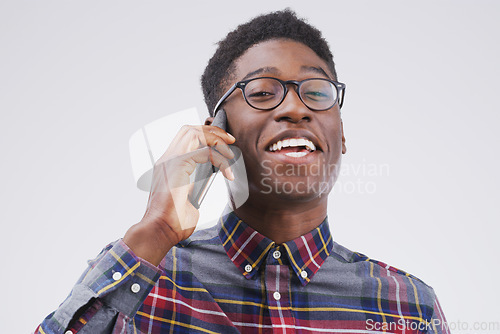 Image of Phone call, portrait and excited black man in studio for conversation, talking and funny chat. Communication mockup, white background and male person on smartphone for network, contact and connection