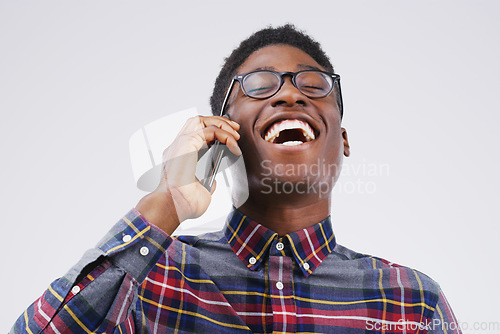 Image of Phone call, laugh and happy black man in studio for conversation, talking and funny chat. Communication mockup, white background and male person on smartphone for network, contact and connection