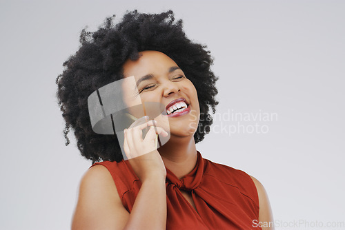 Image of Phone call, laugh and woman in studio for conversation, talking and funny chat on mockup. Communication, white background and happy african female person on smartphone for joke, contact and comedy