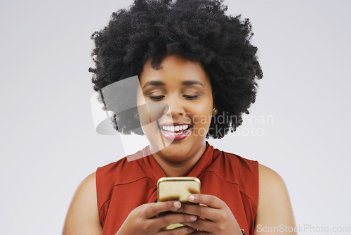 Image of Smile, mockup and African woman with a smartphone, typing and communication against a white studio background. Female person, model and girl with a cellphone, mobile app and connection with happiness